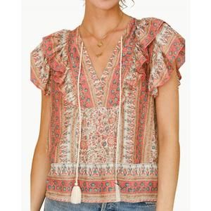 NEW M.A.B.E. cass print frill top in coral